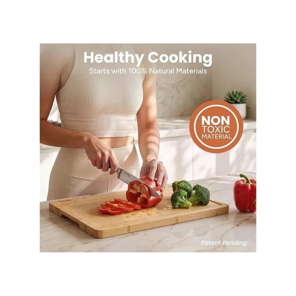 Smirly Non-Toxic Cutting Board Set 3 Piece Bamboo Juice Groove Stand Holder
